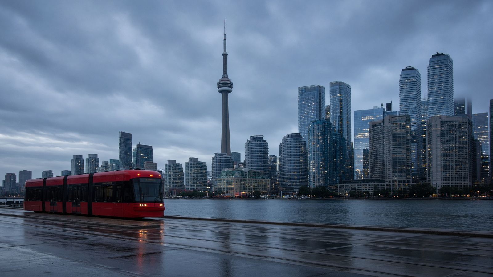 Toronto waterfront and streetcar at dusk